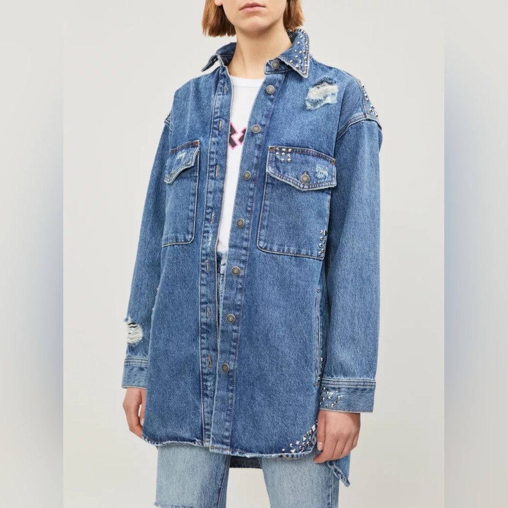 The Kooples studded distressed denim shirt NWOT